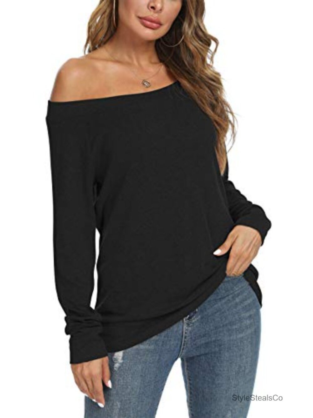 Women's Off Shoulder Long Sleeve Tunic Top Boat Neck Loose Fit